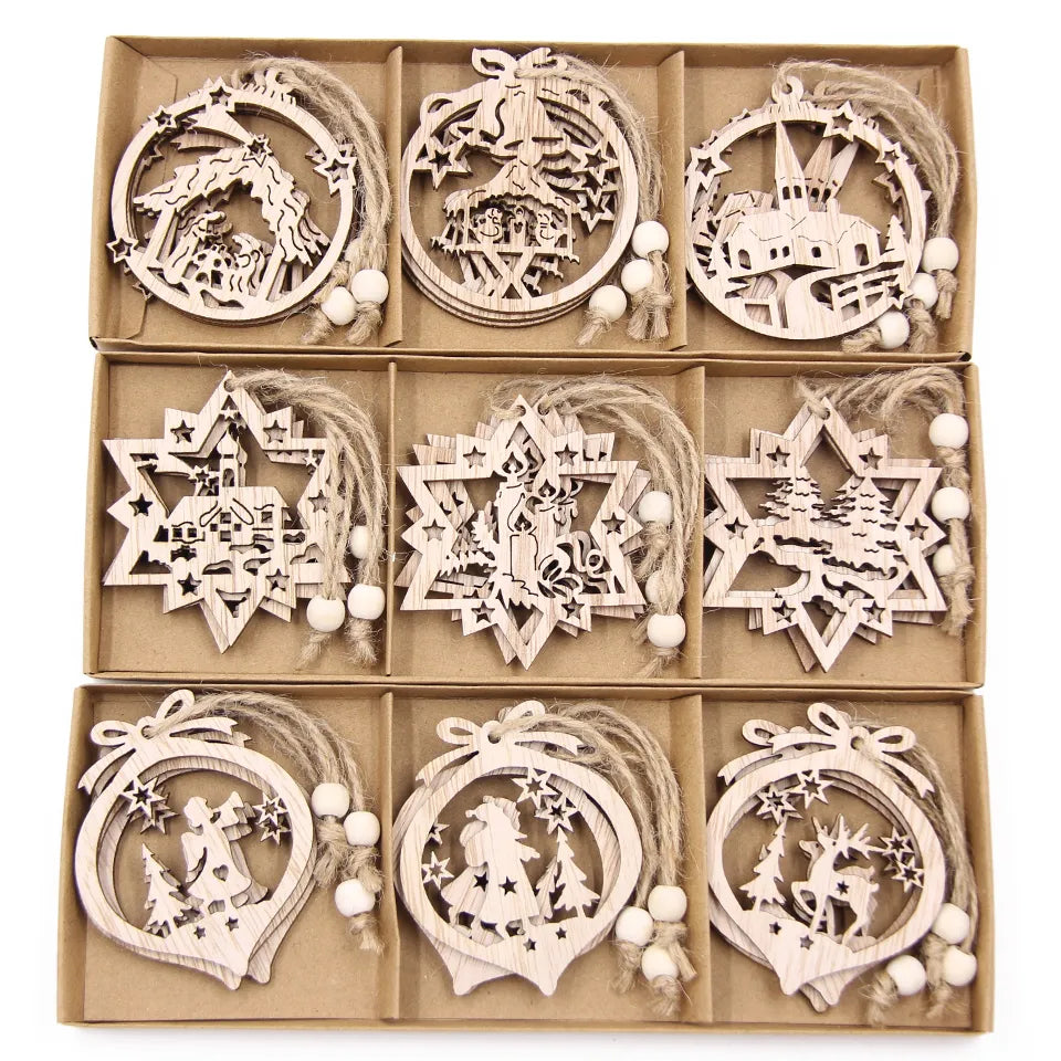 12PCS/Box Vintage Snowflake Christmas Wooden Pendants Ornaments  Christmas Tree Ornaments Christmas Decorations Hanging Gifts