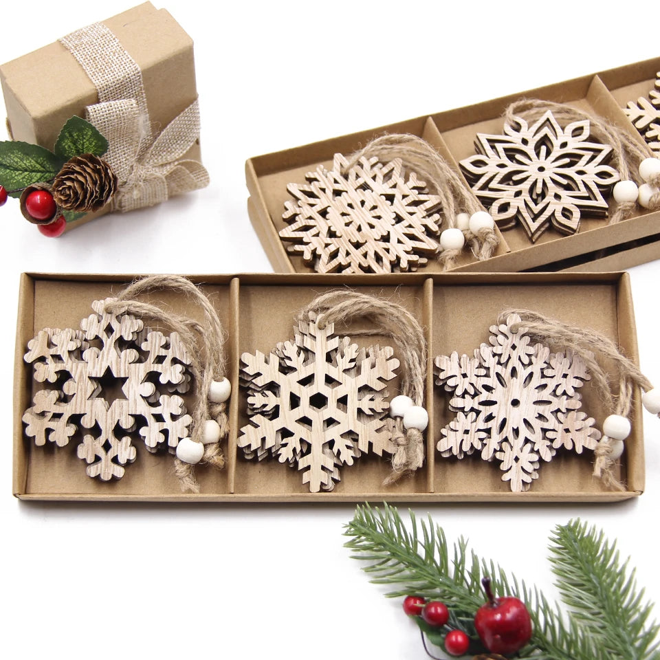 12PCS/Box Vintage Snowflake Christmas Wooden Pendants Ornaments  Christmas Tree Ornaments Christmas Decorations Hanging Gifts