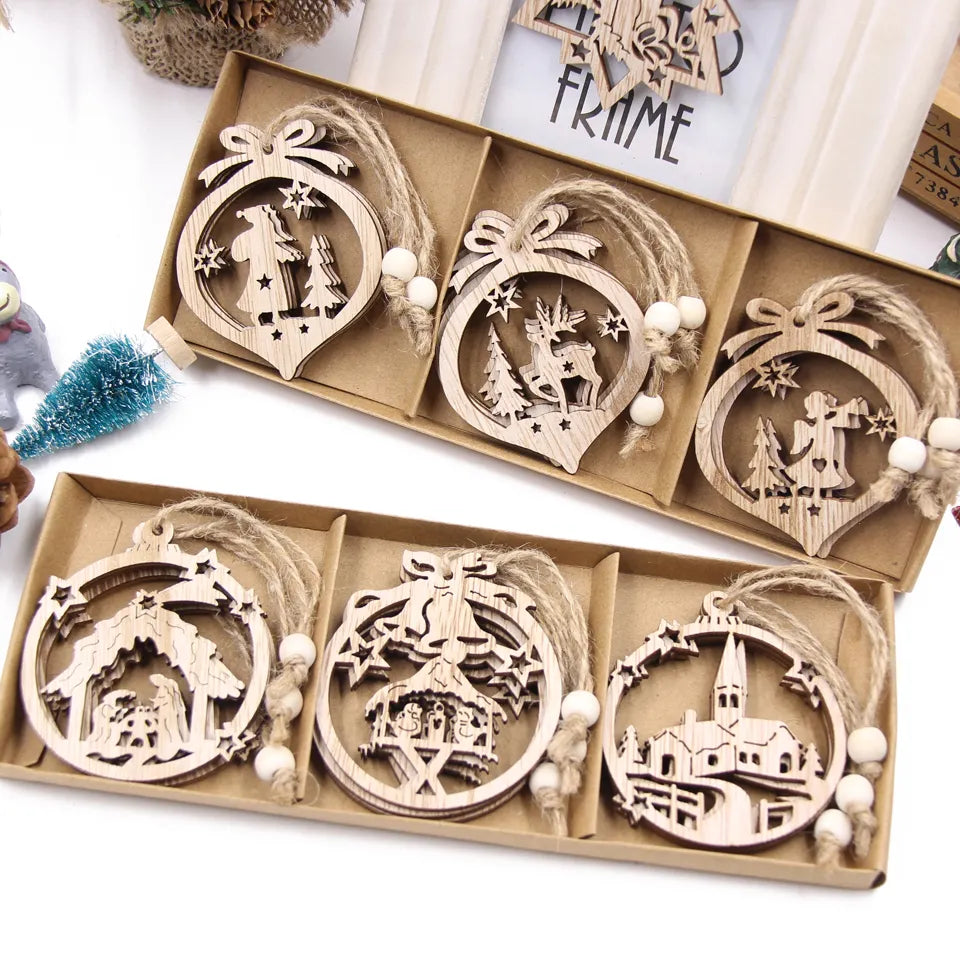 12PCS/Box Vintage Snowflake Christmas Wooden Pendants Ornaments  Christmas Tree Ornaments Christmas Decorations Hanging Gifts