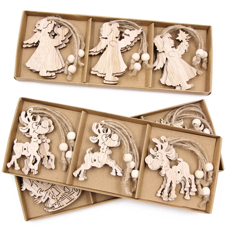 12PCS/Box Vintage Snowflake Christmas Wooden Pendants Ornaments  Christmas Tree Ornaments Christmas Decorations Hanging Gifts